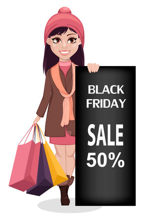 Black Friday. Beautiful girl, cartoon character standing near big black placard. Advertisement for sale, discount, shopping. Vector illustration on white background.のイラスト素材