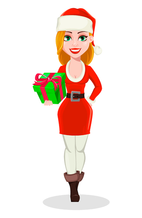 Merry Christmas. Beautiful woman in Santa Claus costume. Cheerful cartoon character holding green gift box. Usable for greeting card, banner, poster, flyer. Vector illustrationのイラスト素材
