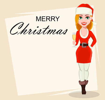 Merry Christmas greeting card with beautiful woman in Santa Claus costume. Cartoon character holding a glass of champagne. Usable for banner, poster, flyer, etc. Vector illustrationのイラスト素材