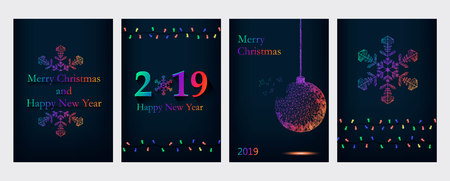 Merry Christmas and Happy New Year greeting cards, set of four vector colorful illustrations. Greeting words, 2019, Christmas tree ball and snowflake.のイラスト素材