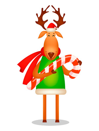 Christmas greeting card. Funny deer wearing Santa Claus hat and red scarf. Cute cartoon character holds big candy cane. Vector illustration on white backgroundのイラスト素材