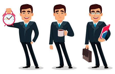Business man cartoon character in formal suit, set of three poses. Handsome businessman holds alarm clock, holds coffee and holds suitcase and documents. Manager, banker. Vector illustrationのイラスト素材