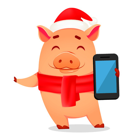 Christmas greeting card. Cute pig wearing Santa Claus hat and scarf holds smartphone. Vector illustration on white backgroundのイラスト素材