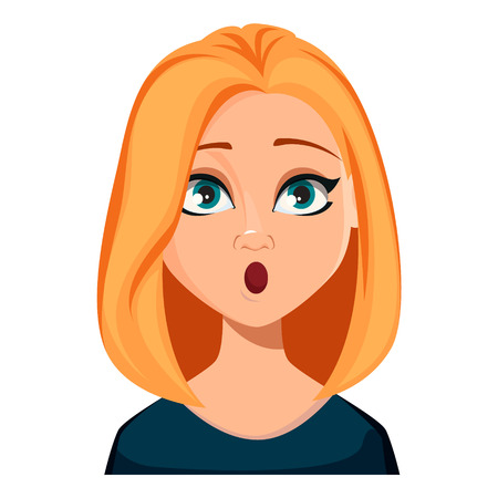 Face expression of woman with blond hair, surprised. Beautiful cartoon character modern business woman. Vector illustration isolated on white background.のイラスト素材
