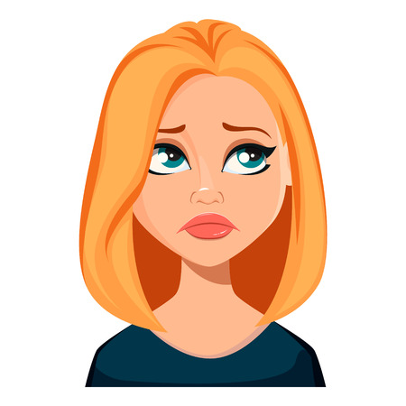 Face expression of woman with blond hair, upset. Beautiful cartoon character modern business woman. Vector illustration isolated on white background.のイラスト素材