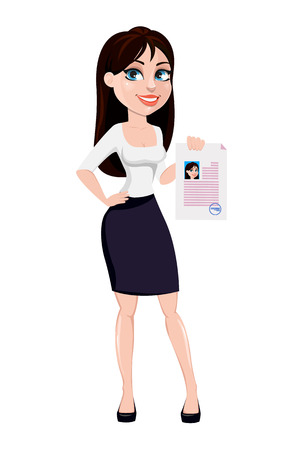 Business woman with brown hair, concept of cartoon character in office style clothes. Modern lady businesswoman holds signed document. Vector illustration isolated on white backgroundのイラスト素材