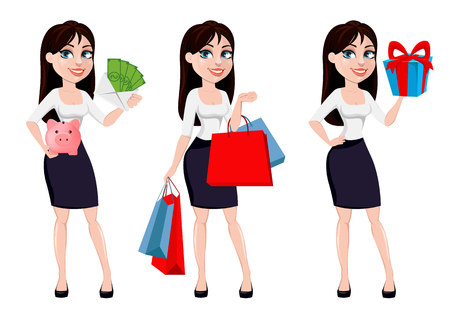 Business woman with brown hair, concept of cartoon character in office style clothes. Set of three poses. Businesswoman holds money, holds shopping bags and holds gift box. Vector illustration.のイラスト素材