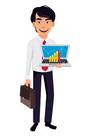 Asian business man, concept of cartoon character in office style clothes. Handsome businessman holds briefcase and laptop. Vector illustration on white background.のイラスト素材