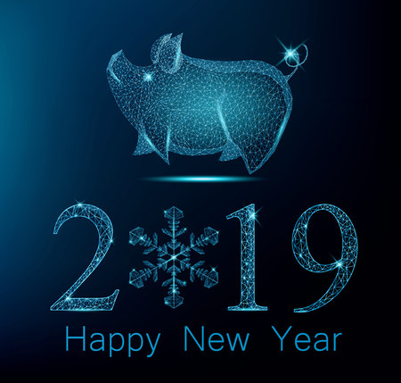 Happy New Year greeting card with cute polygonal pig and 2019 with snowflake on place of zero. Bright postcard for holiday. Vector illustration on blue backgroundのイラスト素材