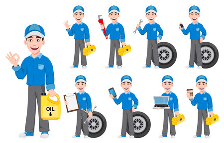 Professional auto mechanic in uniform. Smiling cartoon character holds toolbox and coffee. Expert service worker. Vector illustrationのイラスト素材