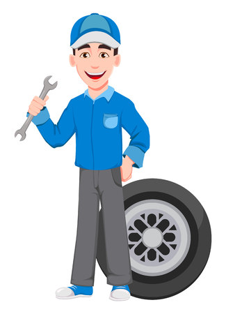 Professional auto mechanic in uniform. Smiling cartoon character stands near wheel and holds wrench. Expert service worker. Vector illustrationのイラスト素材