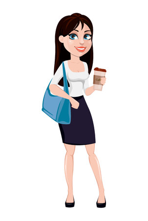 Business woman with brown hair, concept of cartoon character in office style clothes. Modern lady businesswoman holds coffee and purse. Vector illustration isolated on white backgroundのイラスト素材