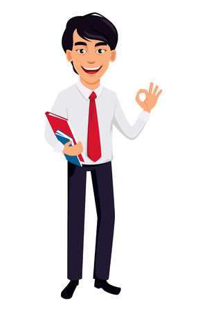 Asian business man, concept of cartoon character in office style clothes. Handsome businessman holds documents and shows ok sign. Vector illustration on white background.のイラスト素材