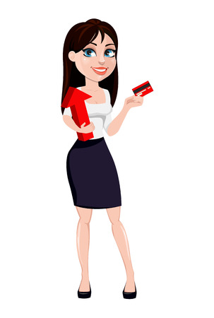 Business woman with brown hair, concept of cartoon character in office style clothes. Modern lady businesswoman holds red arrow. Vector illustration isolated on white backgroundのイラスト素材