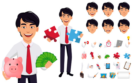Asian business man, concept of cartoon character in office style clothes, pack of body parts, emotions and things. Build your personal design. Handsome businessman. Vector illustrationのイラスト素材
