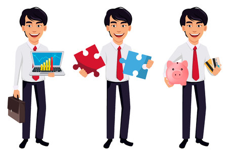 Asian business man, concept of cartoon character in office style clothes, set of three poses. Handsome businessman holds laptop, holds puzzle and holds piggy bank. Vector illustrationのイラスト素材