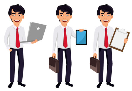 Asian business man, concept of cartoon character in office style clothes, set of three poses. Handsome businessman holds laptop, holds tablet and holds clipboard. Vector illustrationのイラスト素材