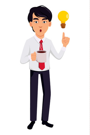 Asian business man, concept of cartoon character in office style clothes. Handsome businessman has a good idea and holds hot coffee. Vector illustration on white background.のイラスト素材