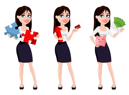 Business woman with brown hair, concept of cartoon character in office style clothes. Set of three poses. Businesswoman holds puzzle, holds red arrow and holds money. Vector illustration.のイラスト素材