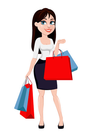 Business woman with brown hair, concept of cartoon character in office style clothes. Modern lady businesswoman holds shopping bags. Vector illustration isolated on white backgroundのイラスト素材