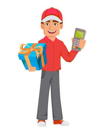 Courier man in red uniform. Handsome delivery man. Cartoon character holds gift box and POS terminal. Vector illustration on white background.のイラスト素材