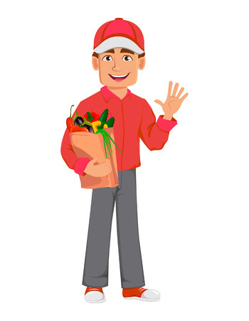 Courier man in red uniform. Handsome delivery man. Cartoon character holds paper bag with vegetables. Vector illustration on white background.のイラスト素材