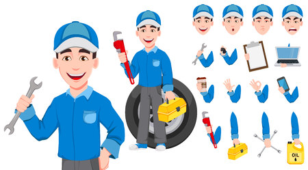 Professional auto mechanic in uniform. Expert service worker. Handsome cartoon character creation set. Pack of body parts, emotions and things. Build your personal design. Vector illustrationのイラスト素材