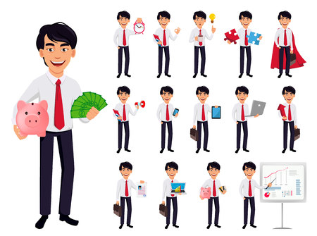 Asian business man, concept of cartoon character in office style clothes, set of fifteen poses. Handsome businessman. Vector illustrationのイラスト素材