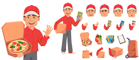 Courier man in red uniform. Handsome delivery man. Cartoon character, pack of body parts, emotions and things. Build your personal design. Vector illustrationのイラスト素材