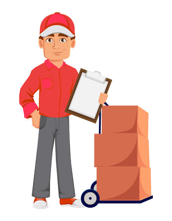 Courier man in red uniform. Handsome delivery man. Cartoon character stands near handcart with boxes and holds clipboard. Vector illustration on white background.のイラスト素材