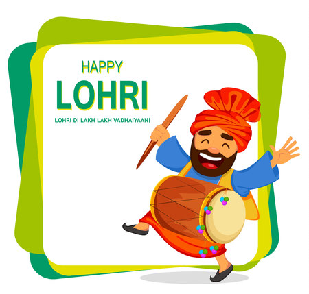 Popular winter Punjabi folk festival Lohri. Funny Sikh man celebrating holiday. Cartoon character with drum dancing. Vector illustration on abstract background のイラスト素材