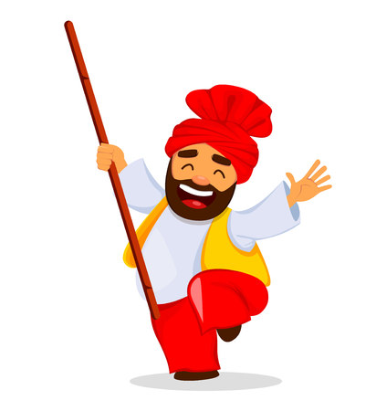 Popular winter Punjabi folk festival Lohri. Funny Sikh man celebrating holiday. Cartoon character dancing with stick. Vector illustration for sale, banner, posterのイラスト素材