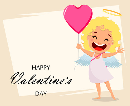 Cupid holds big pink balloon in shape of a heart. Cute girl cartoon character. Happy Valentines Day greeting card. Vector illustration のイラスト素材