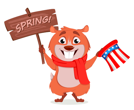 Happy Groundhog day. Funny marmot holding Uncle Sam hat and wooden plate. Vector illustration on white backgroundのイラスト素材