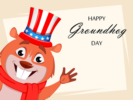 Happy Groundhog day. Funny marmot wearing Uncle Sam hat and waving hand. Vector illustration. のイラスト素材