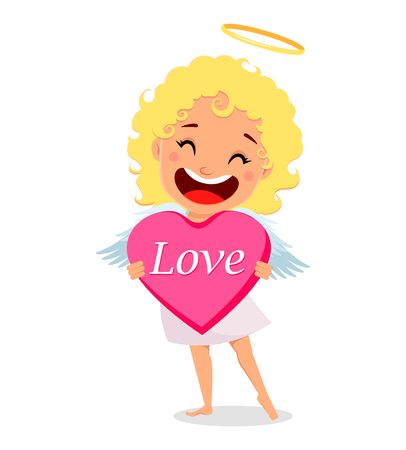 Cupid holds big pink heart. Cute girl cartoon character. Happy Valentines Day greeting card. Vector illustration on white backgroundのイラスト素材