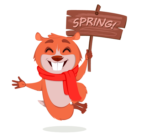 Happy Groundhog day. Funny marmot holding wooden plate. Vector illustration on white backgroundのイラスト素材