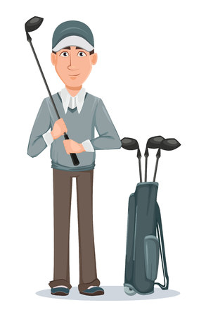 Golf player, handsome golfer. Cartoon character holding golf club. Vector illustration on white backgroundのイラスト素材