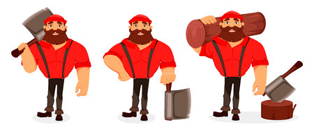Lumberjack cartoon character, set of three poses. Handsome logger holding big axe and holding log. Vector illustration on white background.のイラスト素材