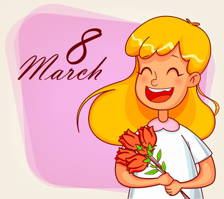 Happy International Women's Day greeting card. Cute redhead girl cartoon character holds a bouquet of tulips. Vector illustration on pink backgroundのイラスト素材