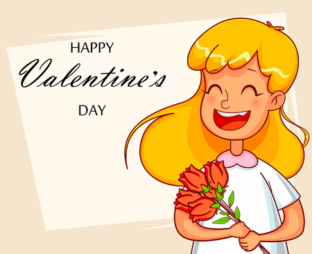 Valentines Day greeting card with pretty redhead girl holding a bouquet of tulips. Funny cartoon character. Vector illustration on light backgroundのイラスト素材