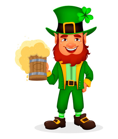 Saint Patrick day. Cute funny cartoon character Leprechaun holds beer. Great design for any purposes. Vector illustrationのイラスト素材