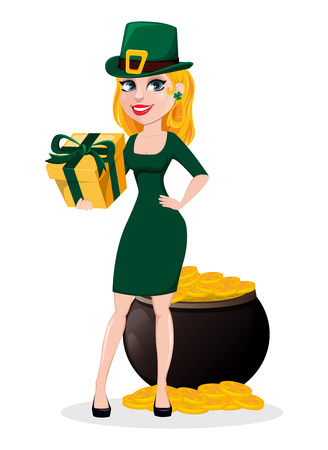 Beautiful woman celebrates St. Patrick's Day. Cute female cartoon character in costume of Leprechaun stands near pot of gold and holds gift box. Vector illustrationのイラスト素材