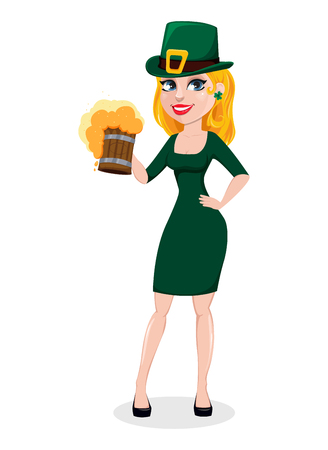Beautiful woman celebrates St. Patrick's Day. Cute female cartoon character in costume of Leprechaun holds a mug of beer. Vector illustrationのイラスト素材