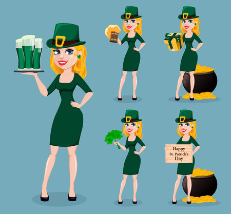 Beautiful woman celebrates St. Patrick's Day, set of five poses. Cute lady cartoon character in costume of Leprechaun. Vector illustrationのイラスト素材