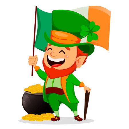 Saint Patrick day. Funny Leprechaun. Cute cartoon character holding Ireland flag. Vector illustration on white background.のイラスト素材