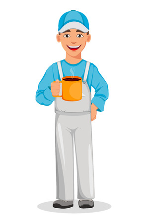 Painter man holding big cup of coffee. Decorator cartoon character. Vector illustration on white background.のイラスト素材