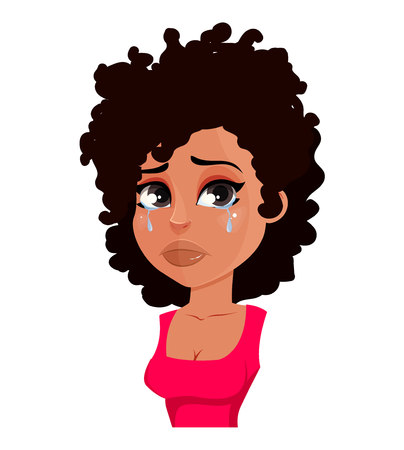 Face expression of African American woman in red blouse, crying. Female emotion. Beautiful cartoon character. Vector illustration isolated on white background.のイラスト素材