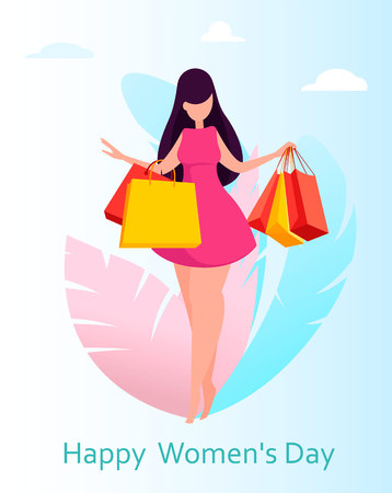 International Women's Day greeting card with cute lady holding shopping bags. Funny woman cartoon character for flyer, poster, invitation and other. Vector illustrationのイラスト素材