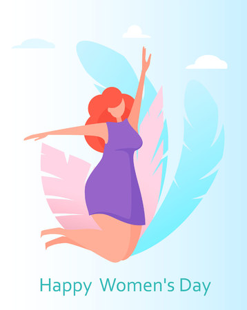 International Women's Day greeting card with cute jumping lady. Funny woman cartoon character for flyer, poster, invitation and other. Vector illustrationのイラスト素材